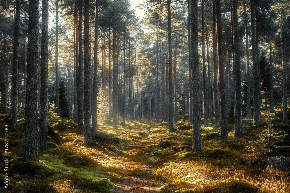 Naklejka premium Sunlit forest path winding through tall pine trees with golden light filtering through creating a serene and peaceful atmosphere
