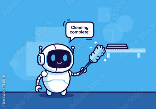 Cute Robot Cleaning Floor Vector Illustration – Technology and Smart Home Concept