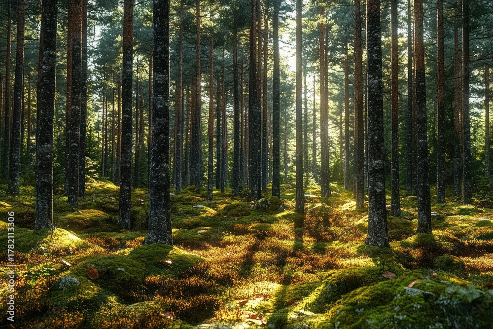 Fototapeta premium Sunlight filters through tall pine trees casting long shadows on a moss-covered forest floor with scattered rocks in a peaceful woodland setting