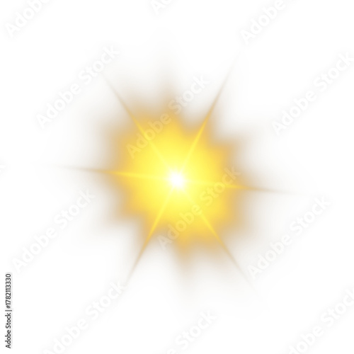 bright golden flare with radiant starburst and glowing rays,  PNG illustration