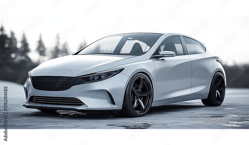 Obraz premium Sleek silver modern hatchback car with dark tinted windows and sporty design parked on a reflective surface with blurred forest background