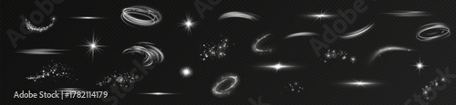 Set of luminous light effects with flares, sparkles, and explosions. Abstract glowing lines, wind motion, and curved curls create a magical background for vector designs.