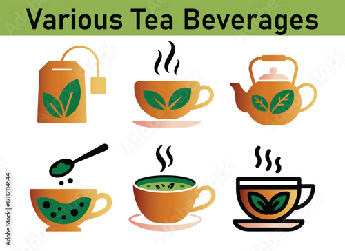 A delightful collection of tea time icons featuring various tea beverages and accessories. 
Collection of stylized icons representing various tea beverages and accessories.
