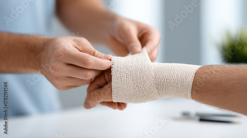 Close-up of person wrapping elastic bandage around injured wrist in medical or home care setting