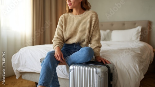 A young Caucasian woman in a cozy sweater sits on a suitcase, looking relaxed and ready for a journey in a stylish hotel room.