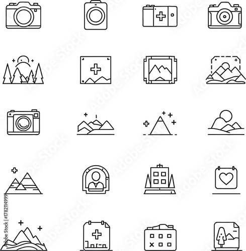 Photography and Picture Outline Icons Set Camera Photo Album Landscape Nature Mountains Line Vector Collection