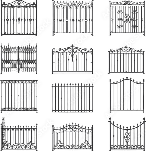 Ornate Wrought Iron Fence and Gate Vector Set, Classic Metal Railings, Decorative Barrier Architecture Elements