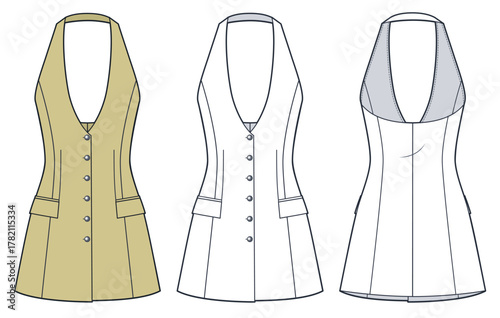 Open Back Dress with Deep V-Neck Technical Fashion Illustration. Blazer Dress fashion flat technical drawing template, sleeveless, buttons, front and back view, white, beige, women CAD mockup.