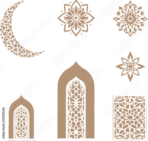 Islamic Geometric Vector Motifs Set, Arabic Star, Crescent Moon, and Mosque Arch Stencil for Ramadan Decoration