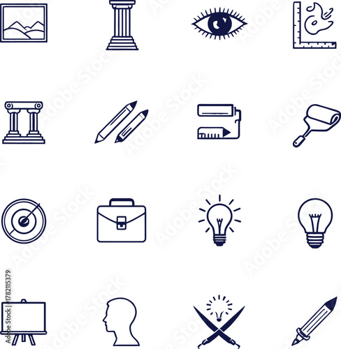 Creative Art and Design Line Vector Icons Set, Drawing Tools, Portfolio, Inspiration, and Advertising Symbols