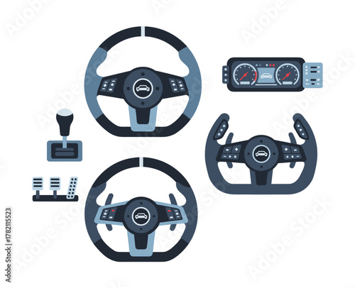 Car steering wheel, dashboard, gear stick, pedals for racing and driving