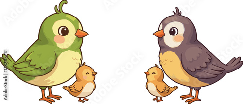 Cute green and brown birds with their chicks, adorable family illustration, wildlife parenting concept, cartoon animal art for kids