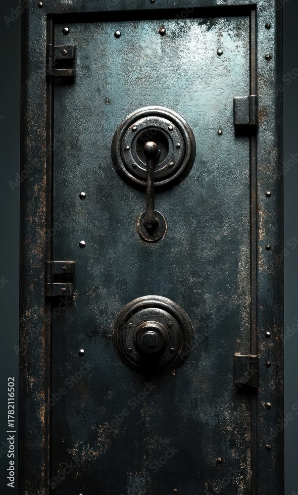Fototapeta premium Close-up view of an old, heavy metal safe door with a large central handle and a circular locking mechanism, showing rust and wear