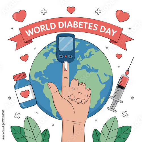 Health Awareness Concept for World Diabetes Day Hand with Blood Glucose Meter Against Globe Background