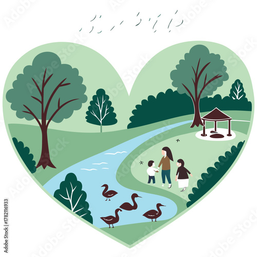 Brookside Heart Illustration Featuring River, Ducks, Gazebo, and Family Observing