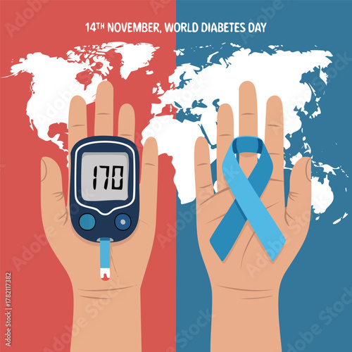 World Diabetes Day Awareness Illustration with Glucometer and Blue Ribbon Symbol on World Map