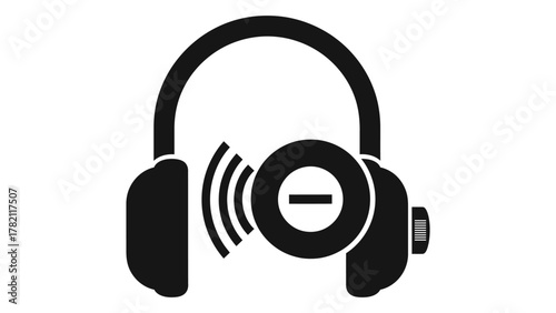 Headphones icon with sound waves and minus symbol