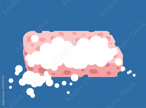 Washing sponge icon with soap. Washcloth pink symbol. Vector illustration isolated on blue Simple illustration. Dark blue background.