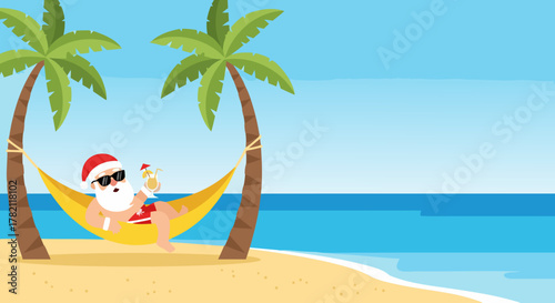 Santa Claus sunbathing in a hammock with a cocktail on the beach, featuring palm trees and copy space