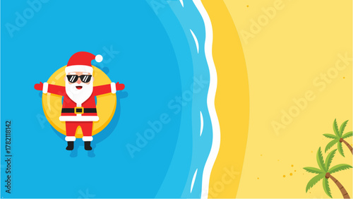 Smiling Santa Claus floating on an inflatable ring in the blue sea with beach background and copy space