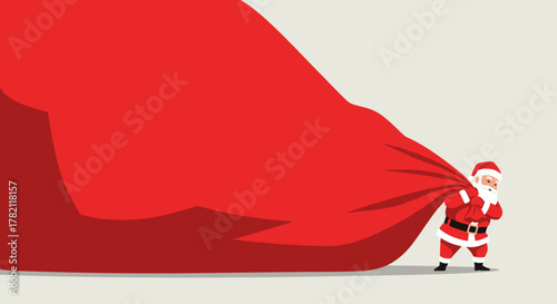 Santa Claus pulling a large gift bag with a cheerful expression on a light background with copy space