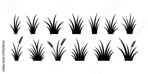 Black silhouette grass bushes and wheat icons set