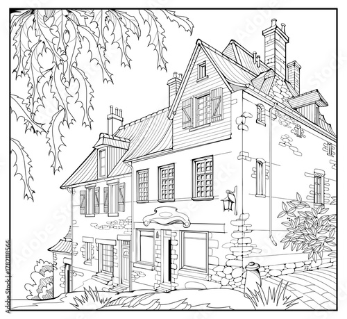 Illustration of a street with house in a medieval French town. Black and white page for kids coloring book. Worksheet for children and adults. Ancient architecture. Hand drawn vector.