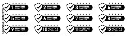12 months warranty label. Set of monthly warranty badges with shield icons, check marks, and stars. 1 to 12 month guarantee labels. Vector illustration.