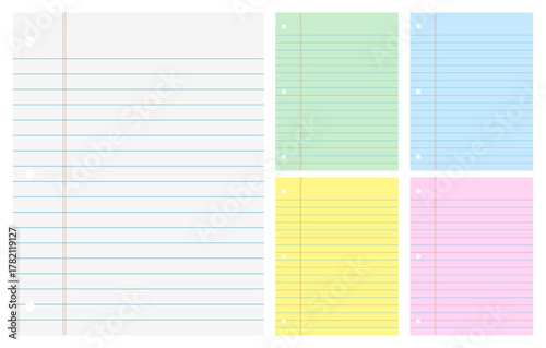 Ruled notebook paper set with blue, pink, yellow, green and white. Vector illustration of filler Papers college ruled in white and different colors. Flat design.