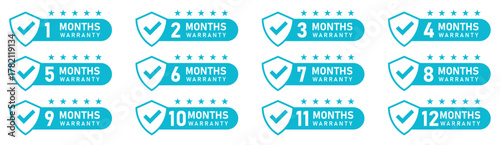 Set of 1 to 12 month guarantee label icons. Collection of monthly warranty badges with shield icons, check marks, and stars. Warranty number 1, 2, 3, 4, 5, 6, 7, 8, 9, 10, 11, 12. Vector illustration.
