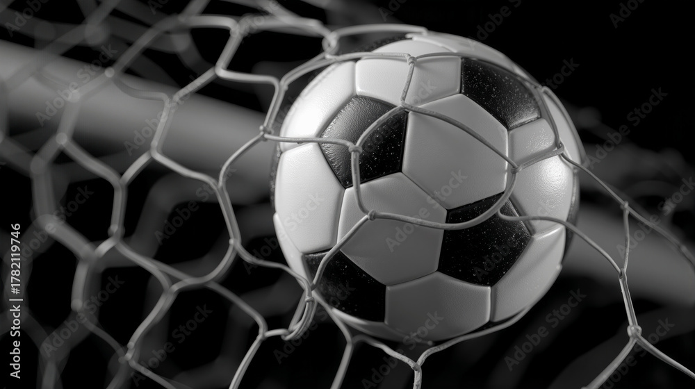 Naklejka premium Black and white soccer ball caught in goal net during a thrilling match at a local field on a sunny afternoon