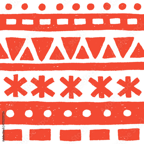Christmas Scandinavian Ornament Pattern. Nordic inspired geometric motif with handmade crayon or chalk texture for festive cards and winter crafts. Vector illustration