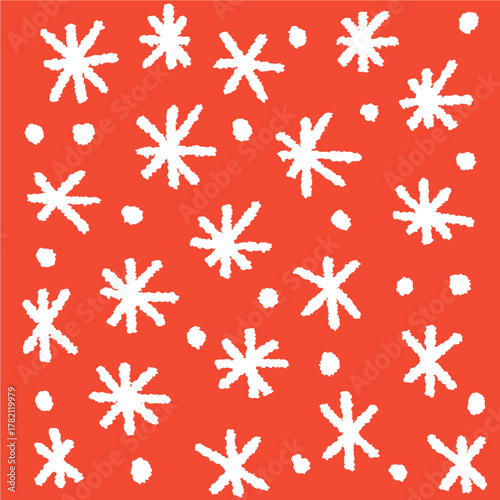 Textured Snowflakes Square Background. Playful Christmas texture with red and white colors. Cute crayon starburst doodles with whimsical Holiday feel for social media templates.