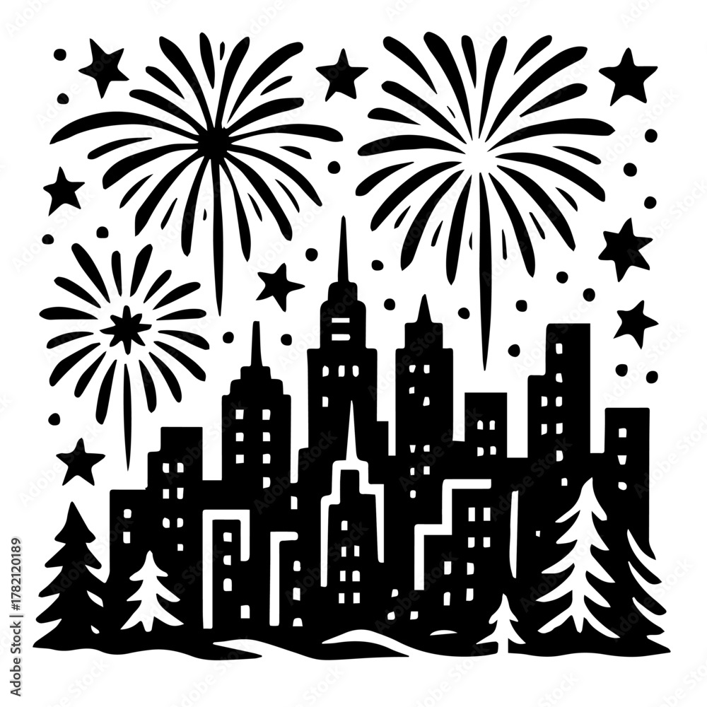 Fototapeta premium City Skyline With Fireworks Festive Night Celebration Silhouette