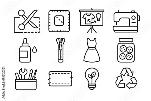 Upcycling Fashion Icons. Upcycling fashion. Line outline icon set of upcycling fashion: scissors and fabric,