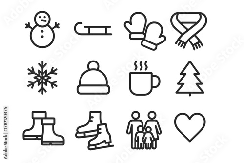 Winter Fun Icons. Winter family fun. Line outline icon set of winter family fun: snowman, sled, mittens, scarf