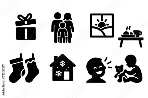 Christmas Icon Set. Christmas morning. Filled icon set of Christmas morning: opened gift, pajama family,