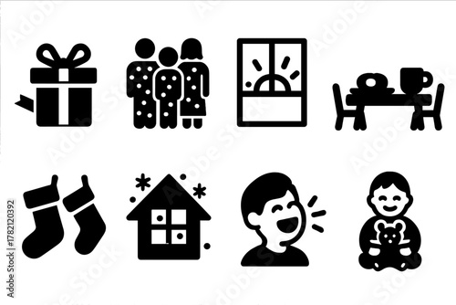 Christmas Icon Set. Christmas morning. Filled icon set of Christmas morning: opened gift, pajama family,
