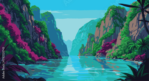 Pixelated Paradise Serene Waterscape of Jungle Cliffs and Lush Greenery