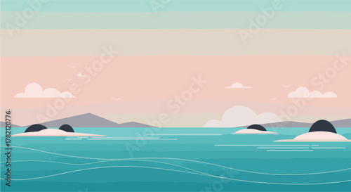 Serene coastal landscape with calm turquoise waters and distant islands under a pastel sky, evoking tranquility and natural beauty