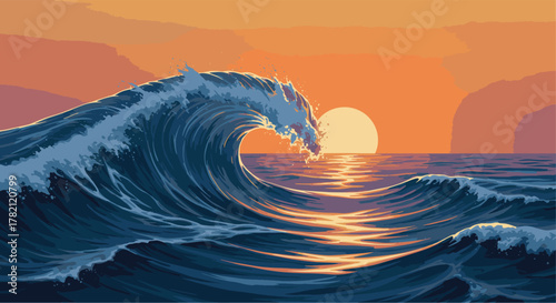 Serene Sunset Over a Majestic Ocean Wave Reflecting Golden Light on the Water's Surface