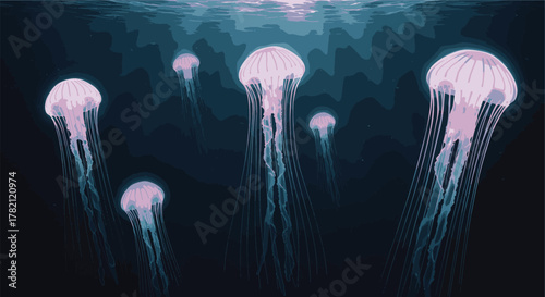 Jellyfish Underwater A Serene Scene of Glowing Bioluminescent Creatures in the Deep Ocean