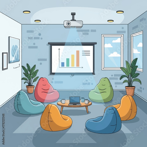Modern informal office meeting room with beanbag chairs and a presentation screen showing a growth chart.