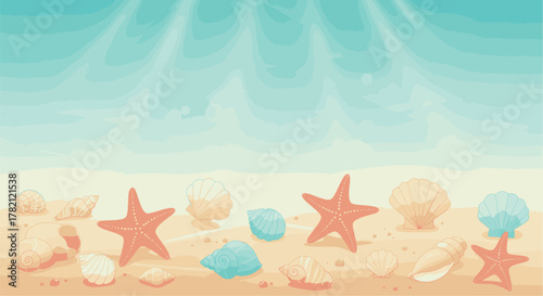 Beach Scene Starfish, Shells, and Sand Under Sunlight, A Calm and Serene Coastal Illustration