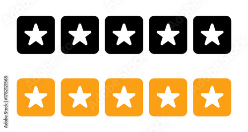 Five Star icon. Star shape inside yellow and black square with rounded corners, user experience, feedback, rating star symbol