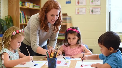 A red haired teacher guides diverse children in a classroom painting with watercolors on white paper, surrounded by vibrant art supplies and learning materials. 