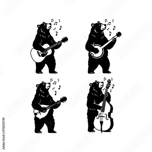 simple silhouette negative space logo of bear playing music