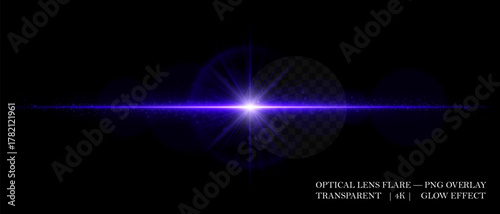 Optical lens flare with glowing core, scattered particles, and horizontal beam. Perfect for overlays, cinematic highlights, and futuristic visual effects in digital design.