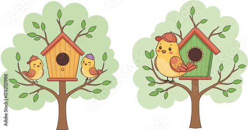 Cute cartoon birds sitting on tree branches with wooden birdhouses, spring forest illustration, family love, wildlife nature artwork concept
