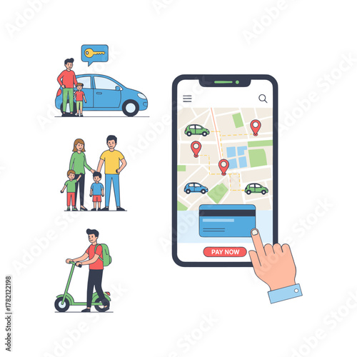 Mobile app controlling ride sharing and car rental
